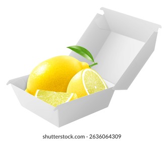 Caixa de comida branca com limão suculento. Embalagem para hambúrguer, almoço, fast food, hambúrguer, sanduíche isolado no fundo branco. Embalagem de caixa de papelão maquete, ilustração de vetor 3d realista