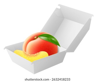 White food box with juicy peach, packaging for hamburger, lunch, fast food, burger, sandwich isolated on white background. Packaging Cardboard Box Mockup, Realistic 3d Vector Illustration