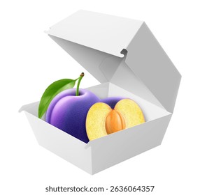 Caixa de comida branca com ameixa suculenta. Embalagem para hambúrguer, almoço, fast food, hambúrguer, sanduíche isolado no fundo branco. Embalagem de caixa de papelão maquete, ilustração de vetor 3d realista