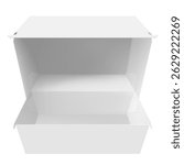 White food box, packaging for hamburger, lunch, fast food, burger, sandwich isolated on white background. Product pack. Packaging Cardboard Box Mockup, Opened Lid, Realistic 3d Vector Illustration