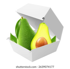White food box with ripe avocado. Packaging for hamburger, lunch, fast food, burger, sandwich isolated on white background. Packaging Cardboard Box Mockup, Realistic 3d Vector Illustration