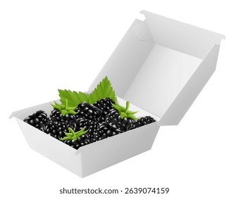 White food box with ripe berries blackberry, packaging for hamburger, lunch, fast food, burger, sandwich isolated on white background. Packaging Cardboard Box Mockup, Realistic 3d Vector Illustration