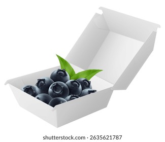 Caixa de comida branca com mirtilos maduros, embalagem para hambúrguer, almoço, fast food, hambúrguer, sanduíche isolado no fundo branco. Embalagem de caixa de papelão maquete, ilustração de vetor 3d realista