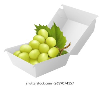 White food box with ripe bunch of grapes, packaging for hamburger, lunch, fast food, burger, sandwich isolated on white background. Packaging Cardboard Box Mockup, Realistic 3d Vector Illustration