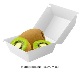 White food box with ripe kiwi. Packaging for hamburger, lunch, fast food, burger, sandwich isolated on white background. Packaging Cardboard Box Mockup, Realistic 3d Vector Illustration