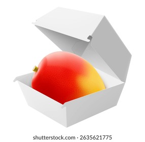 White food box with ripe mango fruit. Packaging for hamburger, lunch, fast food, burger, sandwich isolated on white background. Packaging Cardboard Box Mockup, Realistic 3d Vector Illustration