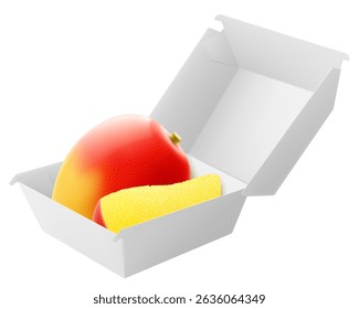 White food box with ripe mango fruit. Packaging for hamburger, lunch, fast food, burger, sandwich isolated on white background. Packaging Cardboard Box Mockup, Realistic 3d Vector Illustration