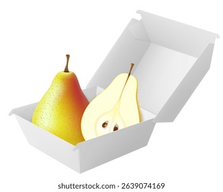 White food box with ripe pear. Packaging for hamburger, lunch, fast food, burger, sandwich isolated on white background. Packaging Cardboard Box Mockup, Realistic 3d Vector Illustration