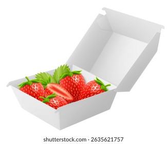 White food box with ripe strawberry, packaging for hamburger, lunch, fast food, burger, sandwich isolated on white background. Packaging Cardboard Box Mockup, Realistic 3d Vector Illustration