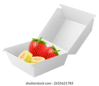 White food box with strawberry and banana, packaging for hamburger, lunch, fast food, burger, sandwich isolated on white background. Packaging Cardboard Box Mockup, Realistic 3d Vector Illustration
