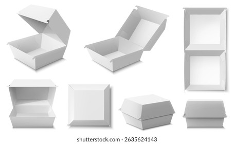 White food boxes, packaging for hamburger, lunch, fast food, burger, sandwich isolated on white background. Product pack. Packaging Cardboard Box Mockup, Opened Lid, Realistic 3d Vector Illustration