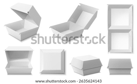 White food boxes, packaging for hamburger, lunch, fast food, burger, sandwich isolated on white background. Product pack. Packaging Cardboard Box Mockup, Opened Lid, Realistic 3d Vector Illustration