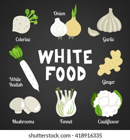 White food collection on dark background. Vegetables. Celeriac, onion, garlic, white radish, ginger, mushroom, fennel, cauliflower. Perfect as icons, package design. Vector illustration