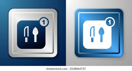 White Food ordering icon isolated on blue and grey background. Order by mobile phone. Restaurant food delivery concept. Silver and blue square button. Vector