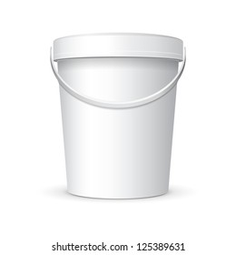 White Food Plastic Tub Bucket Container With Handle For Dessert, Yogurt, Ice Cream, Sour Sream Or Snack. Ready For Your Design. Product Packing Vector EPS10