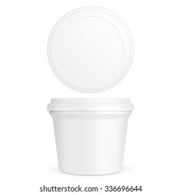 White Food Plastic Tub Bucket Container For Dessert, Yogurt, Ice Cream, Sour Cream Or Snack. Mock Up Template Ready For Your Design. Product Packing Vector EPS10