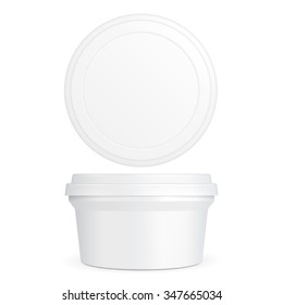 White Food Plastic Tub Bucket Container For Dessert, Yogurt, Ice Cream, Sour Cream Or Snack. Illustration Isolated On White Background. Mock Up Template Ready For Your Design. Product Packing Vector