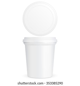 White Food Plastic Tub Bucket Container For Dessert, Yogurt, Ice Cream, Sour Cream Or Snack. Mock Up Template Ready For Your Design. Product Packing Vector EPS10