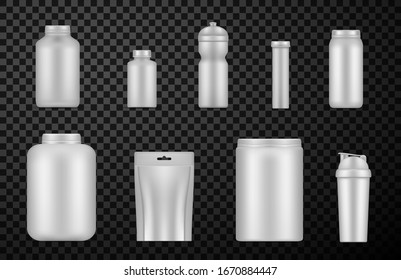 White food sport container set, fitness packaging. Energy training product, nutritional packaging design template. Vector illustration