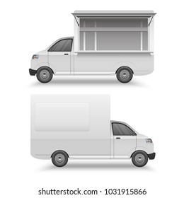 White Food Truck Mock Up Template, Fast Food Van, Vector Illustration