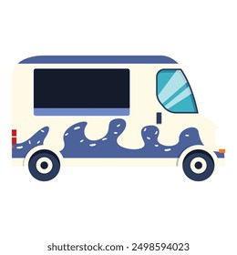 White food truck offering street food with blue wave pattern