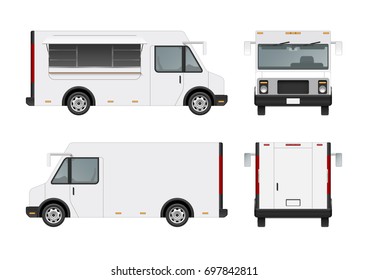 White food truck vector mock up template. Detailed realistic modern delivery service vehicle isolated on white background. Front, side, rear view. Can be used for branding, logo placement, advertising