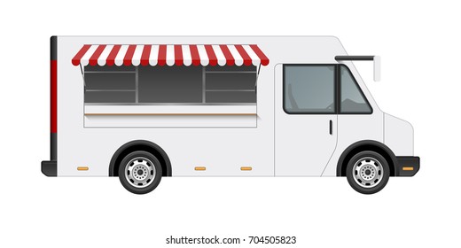 White Food Truck Vector Mock Up Template. Side View Of Realistic Modern Delivery Service Vehicle Isolated On White Background. Can Be Used For Branding, Logo Placement, Advertising