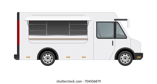 White food truck vector mock up template. Side view of realistic modern delivery service vehicle isolated on white background. Can be used for branding, logo placement, advertising