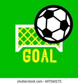 White football goal with typical football with GOAL letter on the green background.