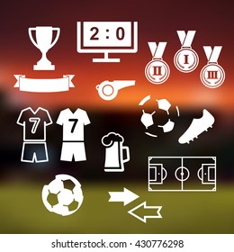 White football soccer icons set on stadium background. Vector illustration.