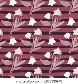 White forest flowers seamless botanic pattern. Stylized bouquet wuth stripped dark pink background. Simple flora print. Designed for fabric design, textile print, wrapping, cover. Vector illustration.