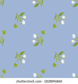 Flores blancas de bosque sin costura. Flora vintage del pueblo ilustrada con fondo azul. Sencilla obra de arte natural. Diseñado para el diseño de tejidos, impresión textil, envoltura, cubierta. Ilustración vectorial.