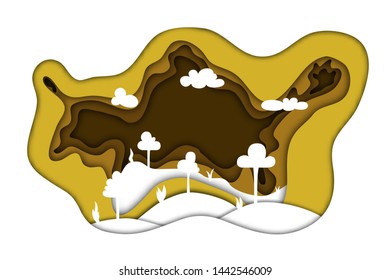 White forest landscape on a brown gradient background with a layered effect in the style of paper cutting. Trees, hills, bushes and clouds. Vector illustration