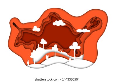 White forest landscape on a orange gradient background with a layered effect in the style of paper cutting. Trees, hills, bushes and clouds.