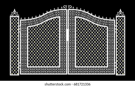 White forged gates with decorative lattice isolated on black background. Decorative wrought fences and gates vector set. White gate fence frame illustration