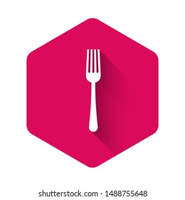 White Fork icon isolated with long shadow. Cutlery symbol. Pink hexagon button. Vector Illustration