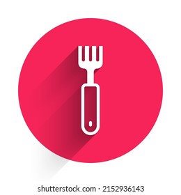 White Fork icon isolated with long shadow background. Cutlery symbol. Red circle button. Vector