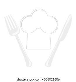 White fork and knife with chef hat, vector illustration