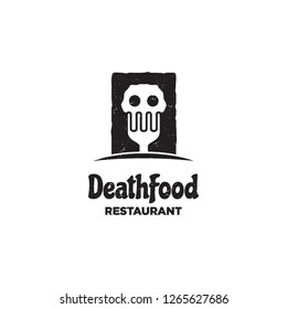 white fork and skull head for death food restaurant with grunge and rustic effect logo icon vector template inspiration