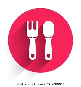White Fork and spoon icon isolated with long shadow. Cooking utensil. Cutlery sign. Red circle button. Vector Illustration