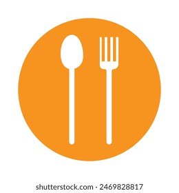 White fork and spoon restaurant icon isolated on orange background. Spoon and fork silhouette icon. Vector illustration. Eps file 133.