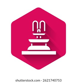 White Fountain icon isolated with long shadow. Pink hexagon button. Vector