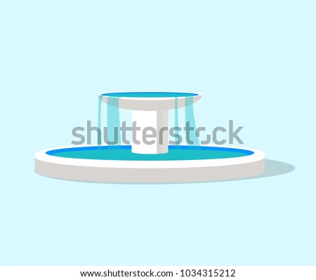 White fountain layout, color vector illustration isolated on bright background, oval pool and bowl on cylindrical column, water flowing, round shadow