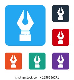 White Fountain pen nib icon isolated on white background. Pen tool sign. Set icons in color square buttons. Vector Illustration