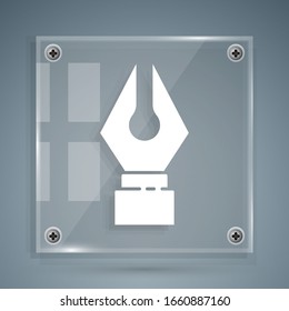 White Fountain pen nib icon isolated on grey background. Pen tool sign. Square glass panels. Vector Illustration