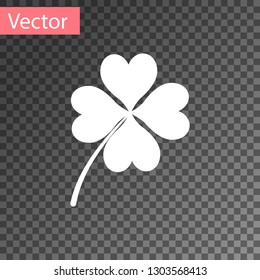 White Four leaf clover icon isolated on transparent background. Happy Saint Patrick day. Vector Illustration