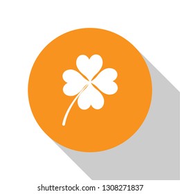 White Four leaf clover icon isolated on white background. Happy Saint Patrick day. Orange circle button. Flat design. Vector Illustration