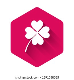 White Four leaf clover icon isolated with long shadow. Happy Saint Patrick day. Pink hexagon button. Vector Illustration