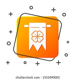 White Four leaf clover icon isolated on white background. Party pennant for birthday celebration, festival. Happy Saint Patrick day. Orange square button. Vector Illustration