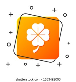 White Four leaf clover icon isolated on white background. Happy Saint Patrick day. Orange square button. Vector Illustration